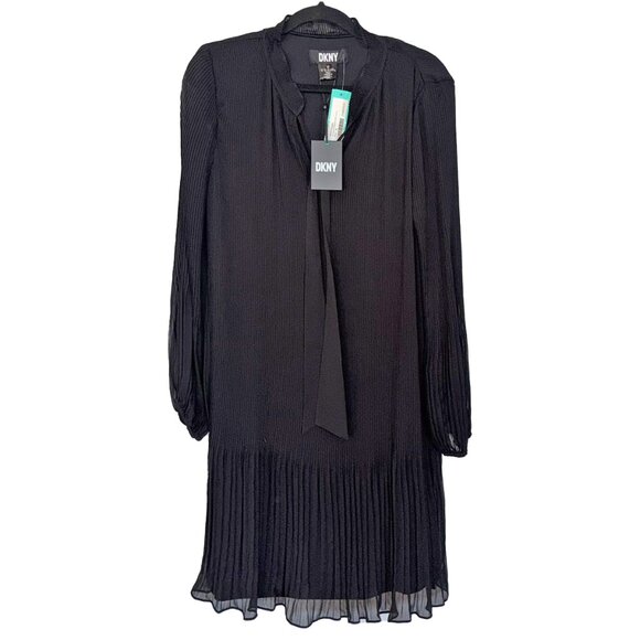 DKNY Black Tie Neck Pleated Shift Dress - Size 16 - New with Tags - Picture 2 of 5